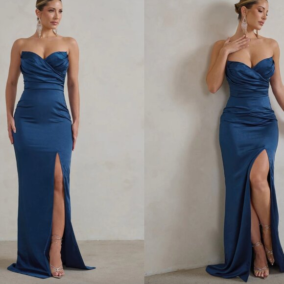 CORALINE NAVY STRAPLESS MAXI DRESS WITH SPLIT - Club L London - Picture 3 of 3